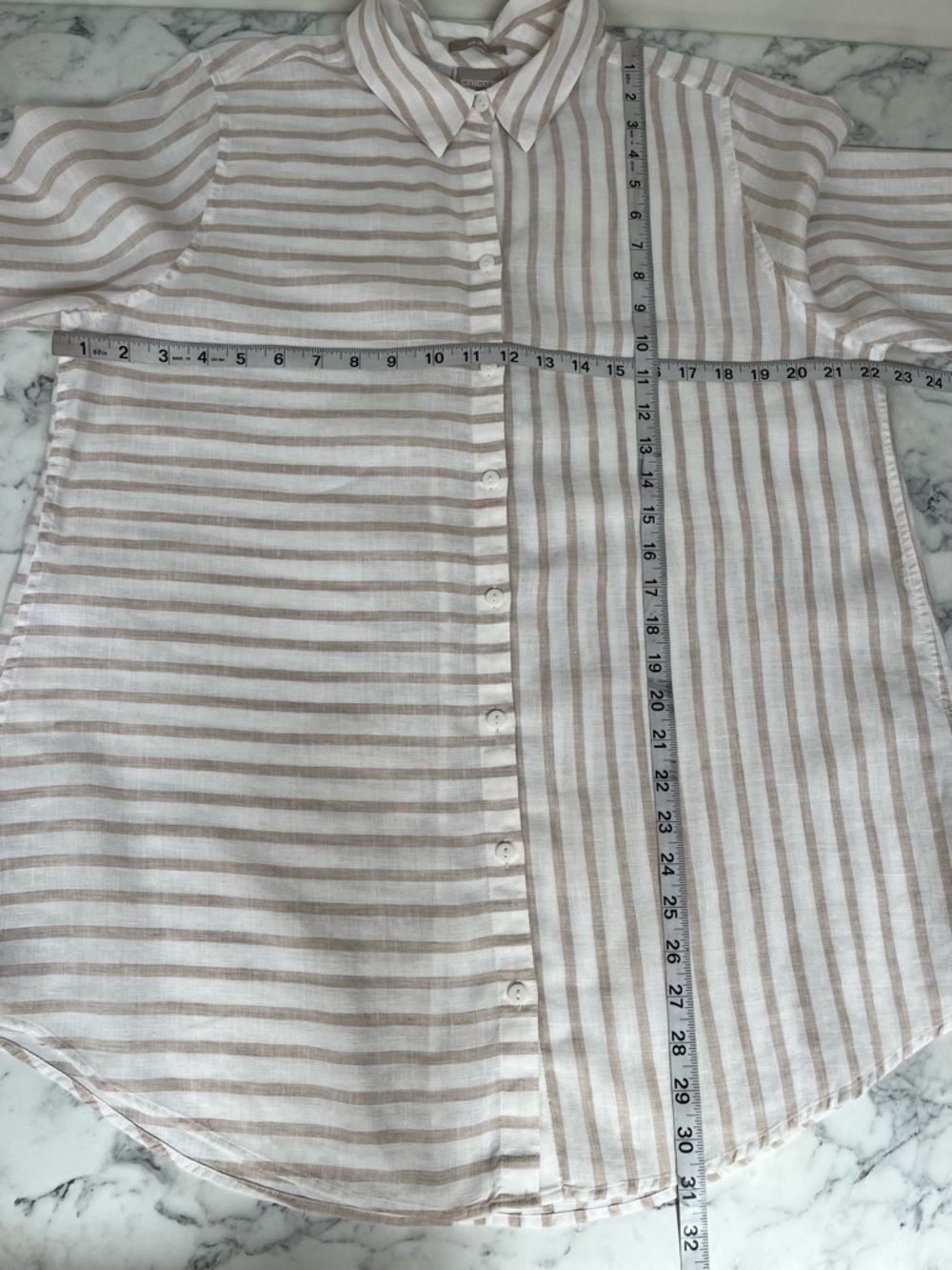 Chico's No-Iron Linen Button Front Shirt tan white stripe 3/4 sleeves 2 12/14 - Picture 11 of 14